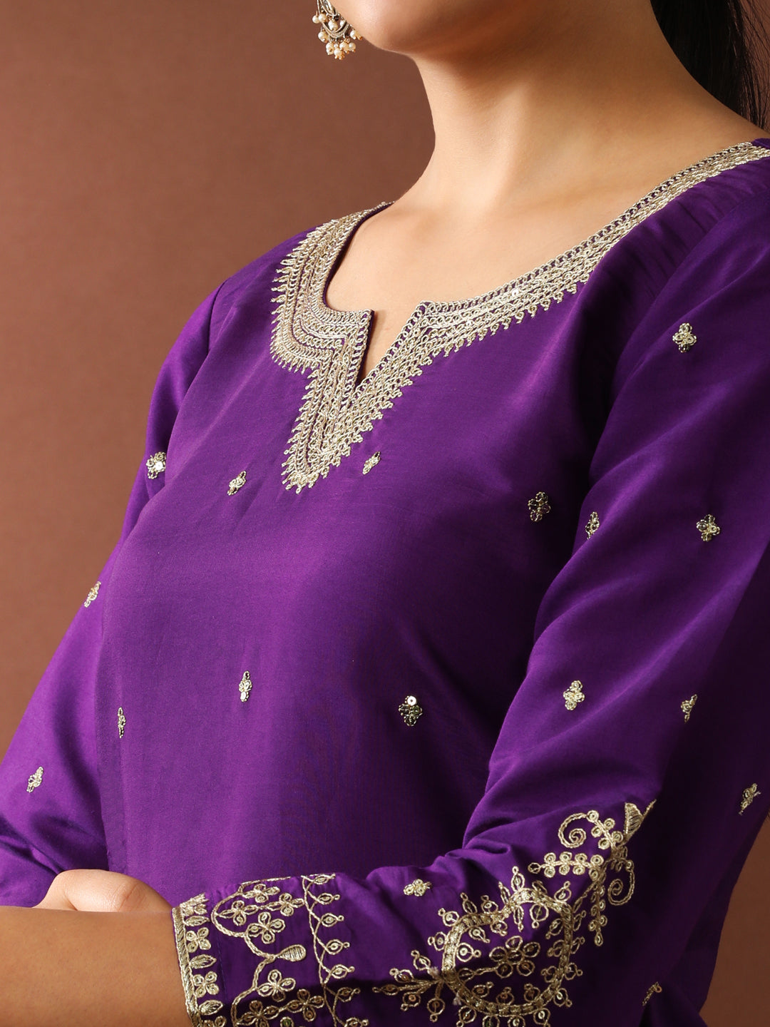 Floral Embroidered Straight Polyester Kurta & Trousers Sets