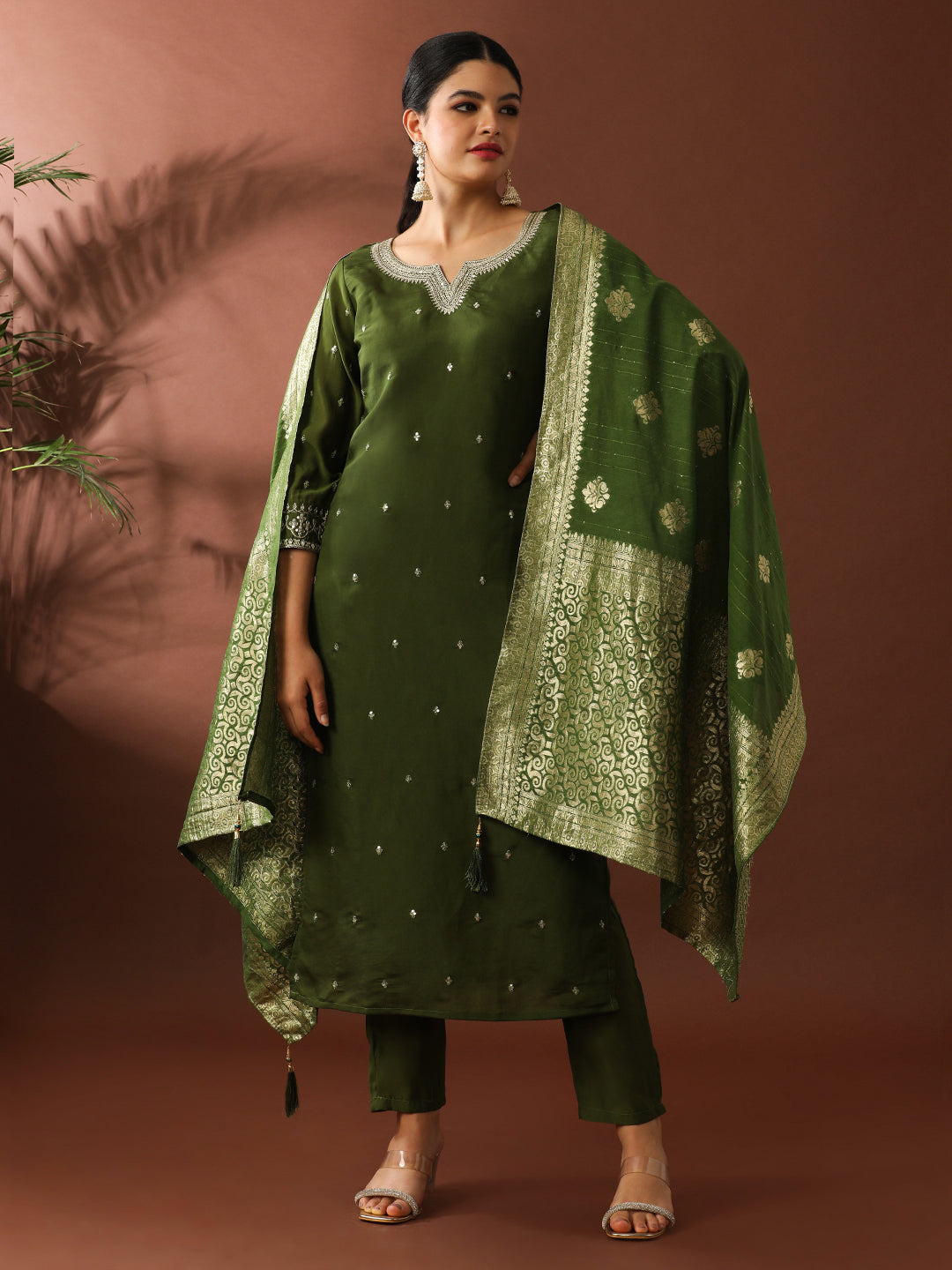 Floral Embroidered Straight Polyester Kurta & Trousers Sets