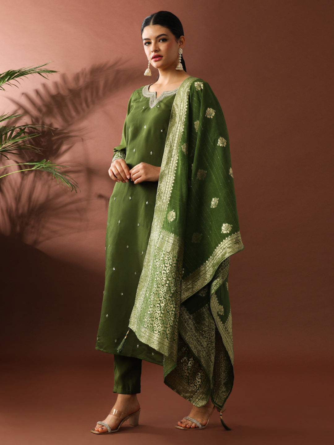 Floral Embroidered Straight Polyester Kurta & Trousers Sets