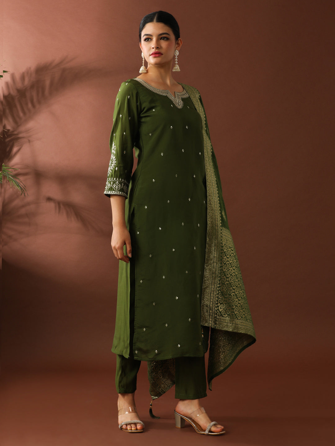 Floral Embroidered Straight Polyester Kurta & Trousers Sets