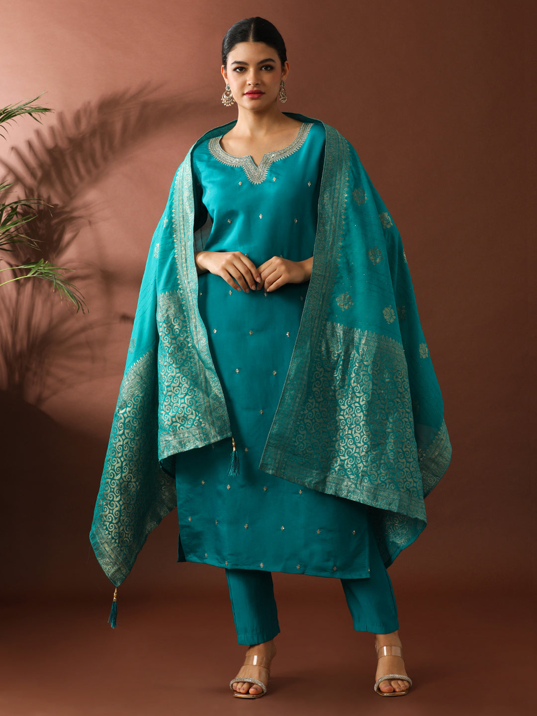 Floral Embroidered Straight Polyester Kurta & Trousers Sets