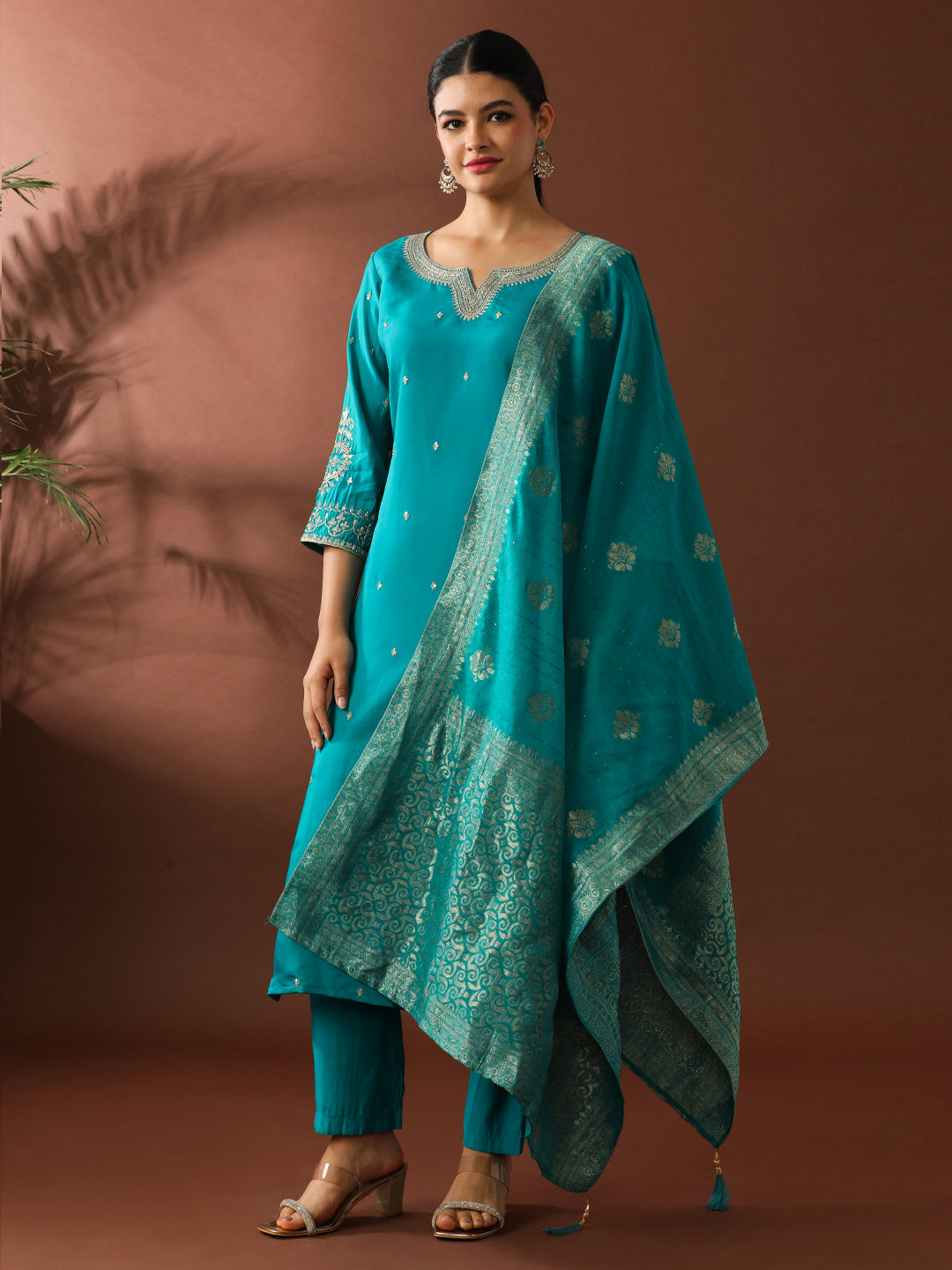 Floral Embroidered Straight Polyester Kurta & Trousers Sets