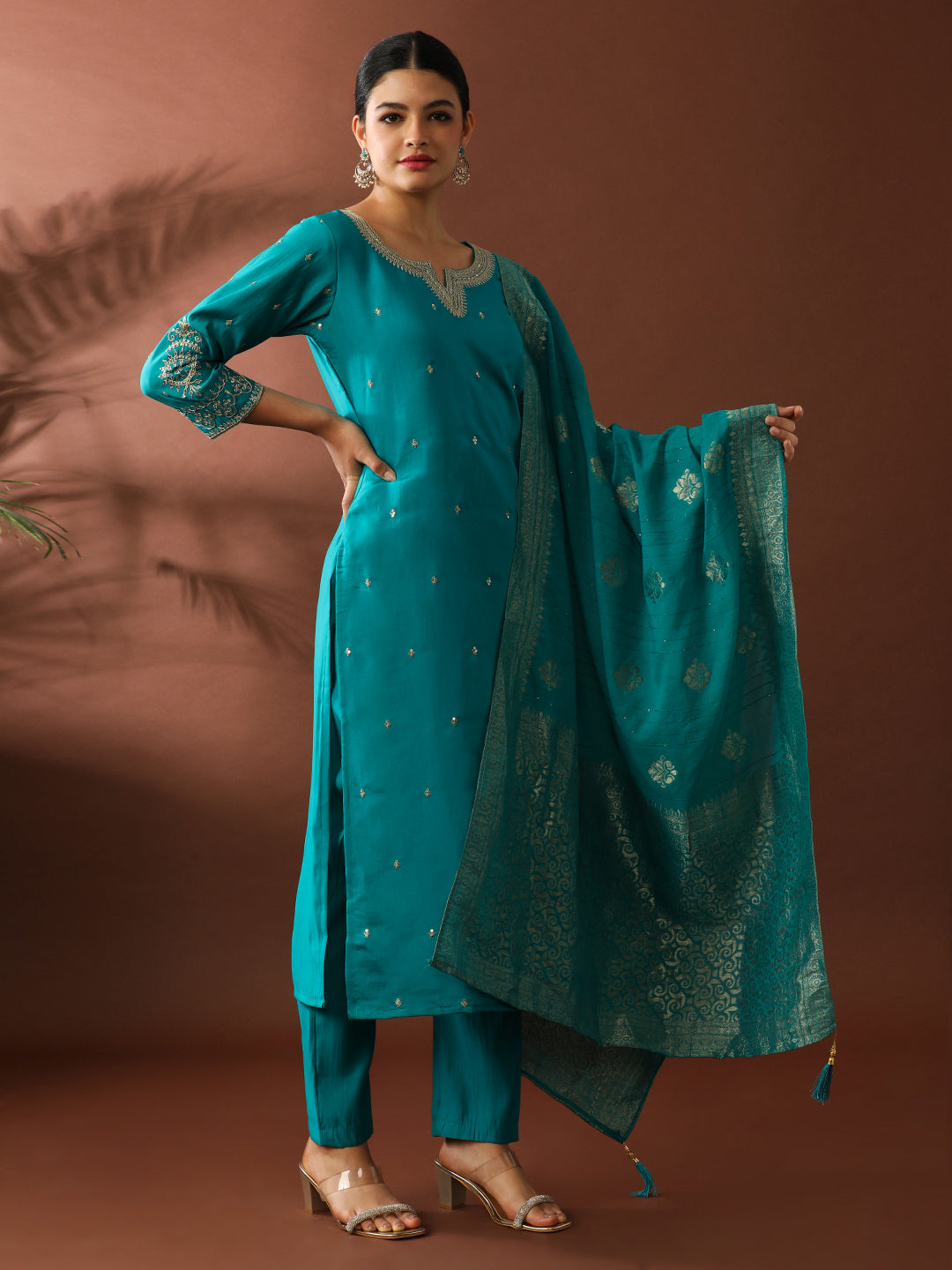 Floral Embroidered Straight Polyester Kurta & Trousers Sets