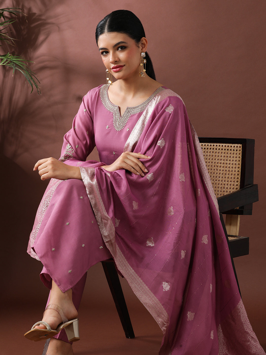 Floral Embroidered Straight Polyester Kurta & Trousers Sets