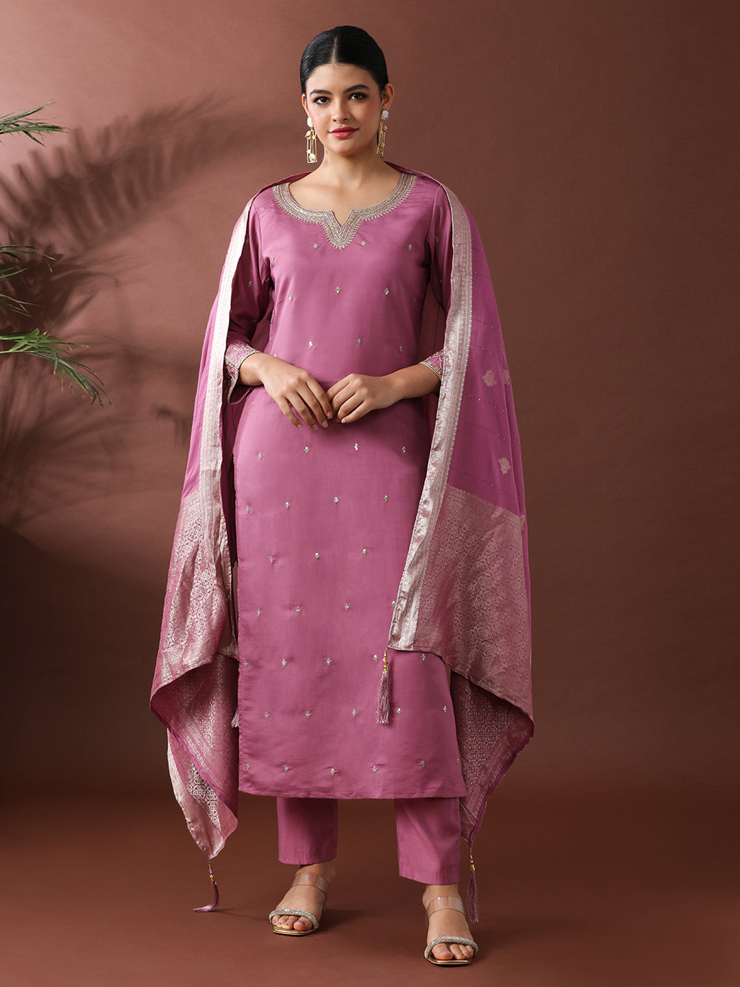 Floral Embroidered Straight Polyester Kurta & Trousers Sets