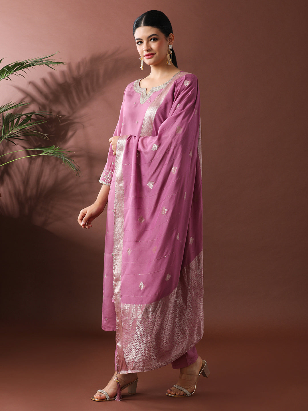 Floral Embroidered Straight Polyester Kurta & Trousers Sets