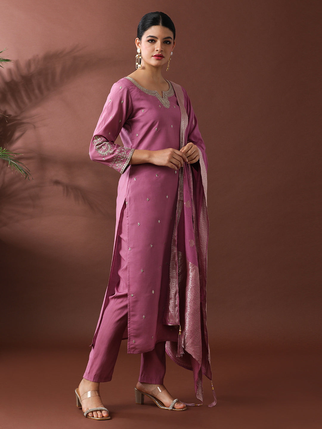 Floral Embroidered Straight Polyester Kurta & Trousers Sets