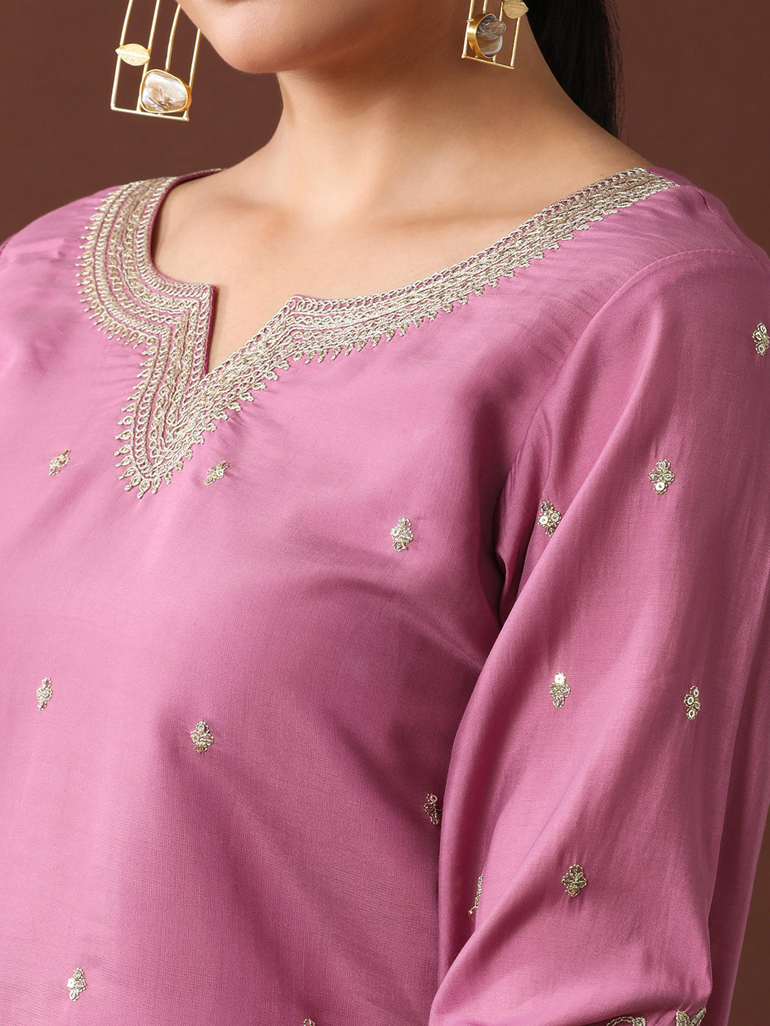 Floral Embroidered Straight Polyester Kurta & Trousers Sets