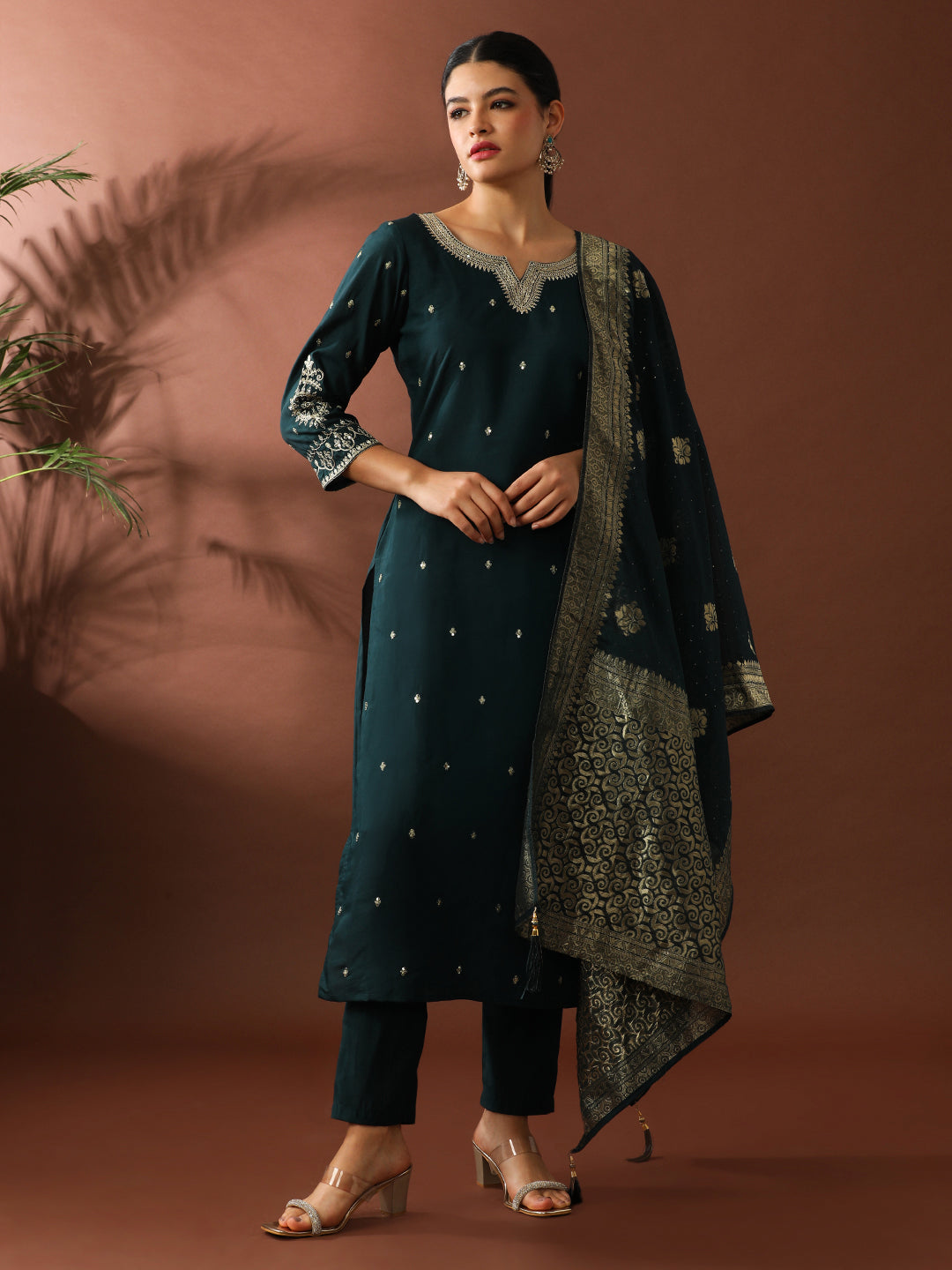 Floral Embroidered Straight Polyester Kurta & Trousers Sets