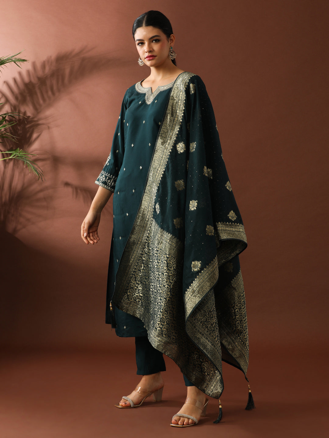 Floral Embroidered Straight Polyester Kurta & Trousers Sets