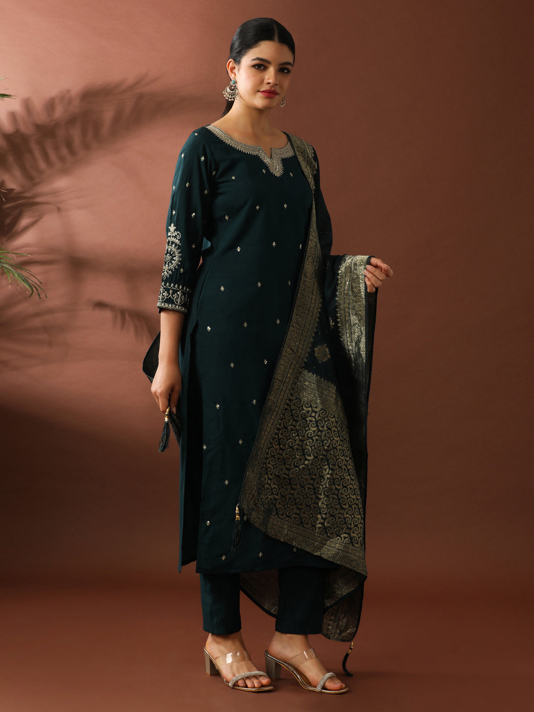 Floral Embroidered Straight Polyester Kurta & Trousers Sets