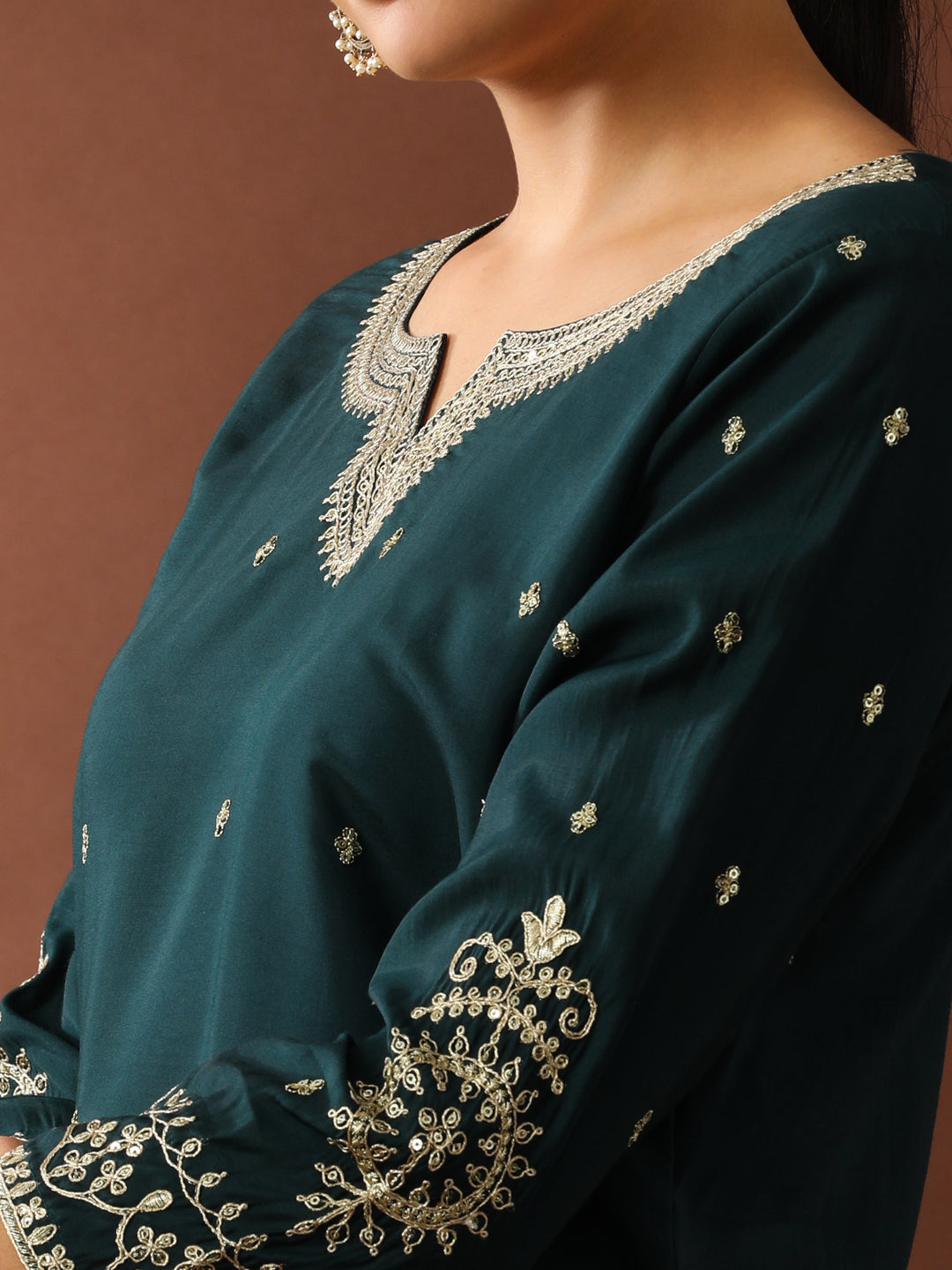 Floral Embroidered Straight Polyester Kurta & Trousers Sets