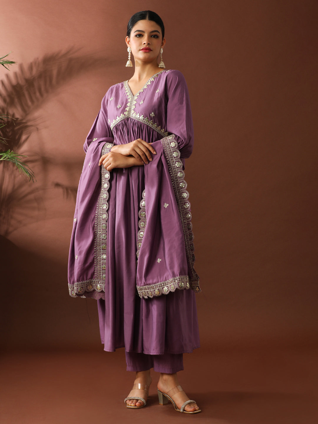Floral Embroidered A-Line Polyester Kurta & Trousers Sets