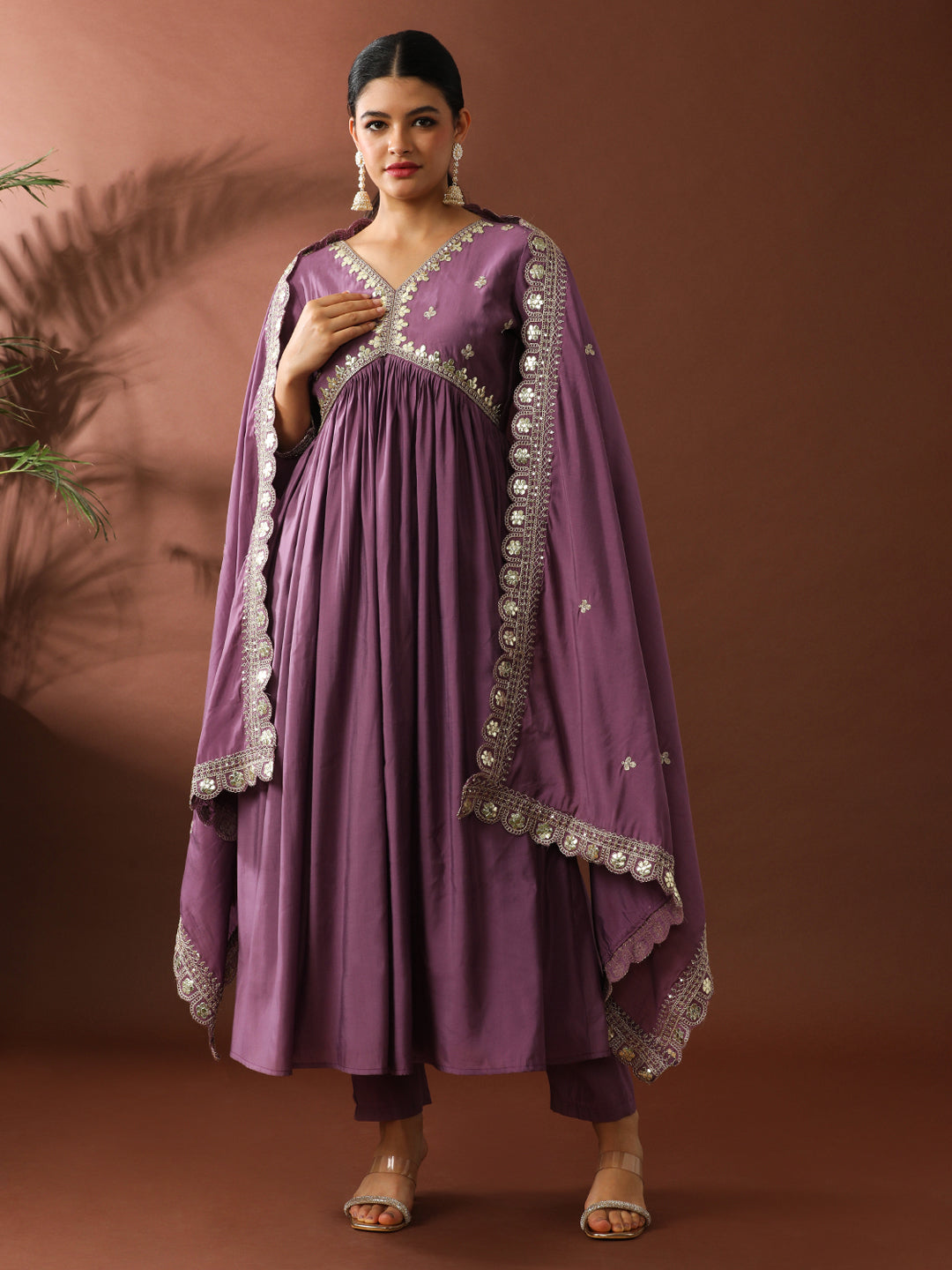 Floral Embroidered A-Line Polyester Kurta & Trousers Sets