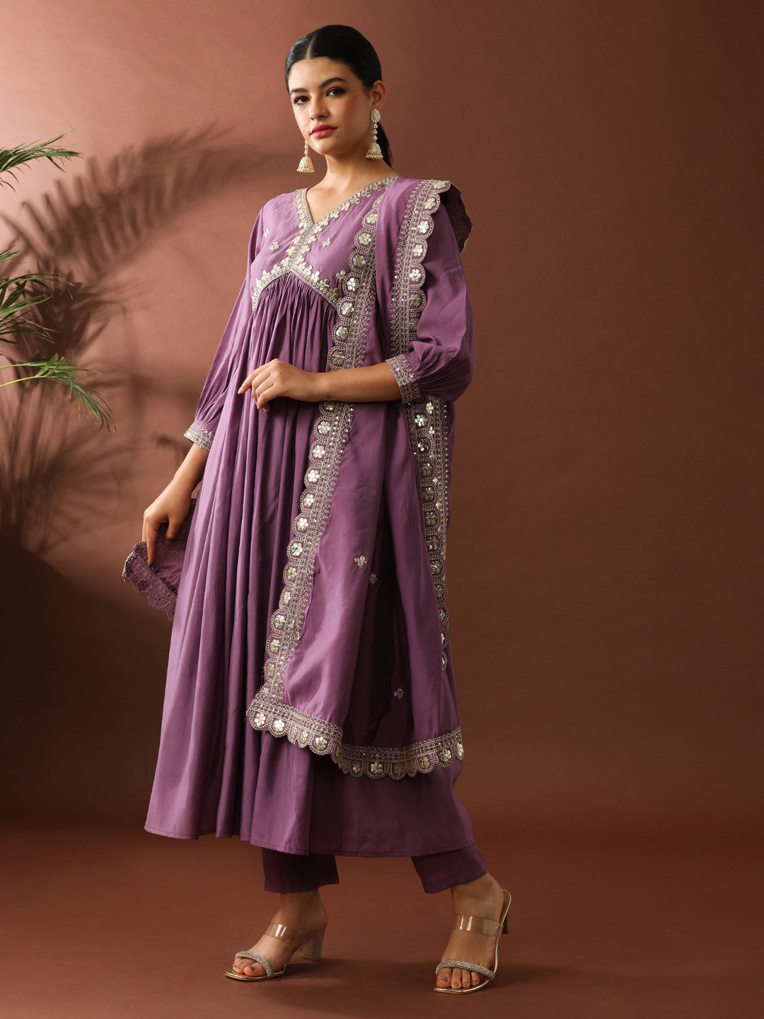 Floral Embroidered A-Line Polyester Kurta & Trousers Sets