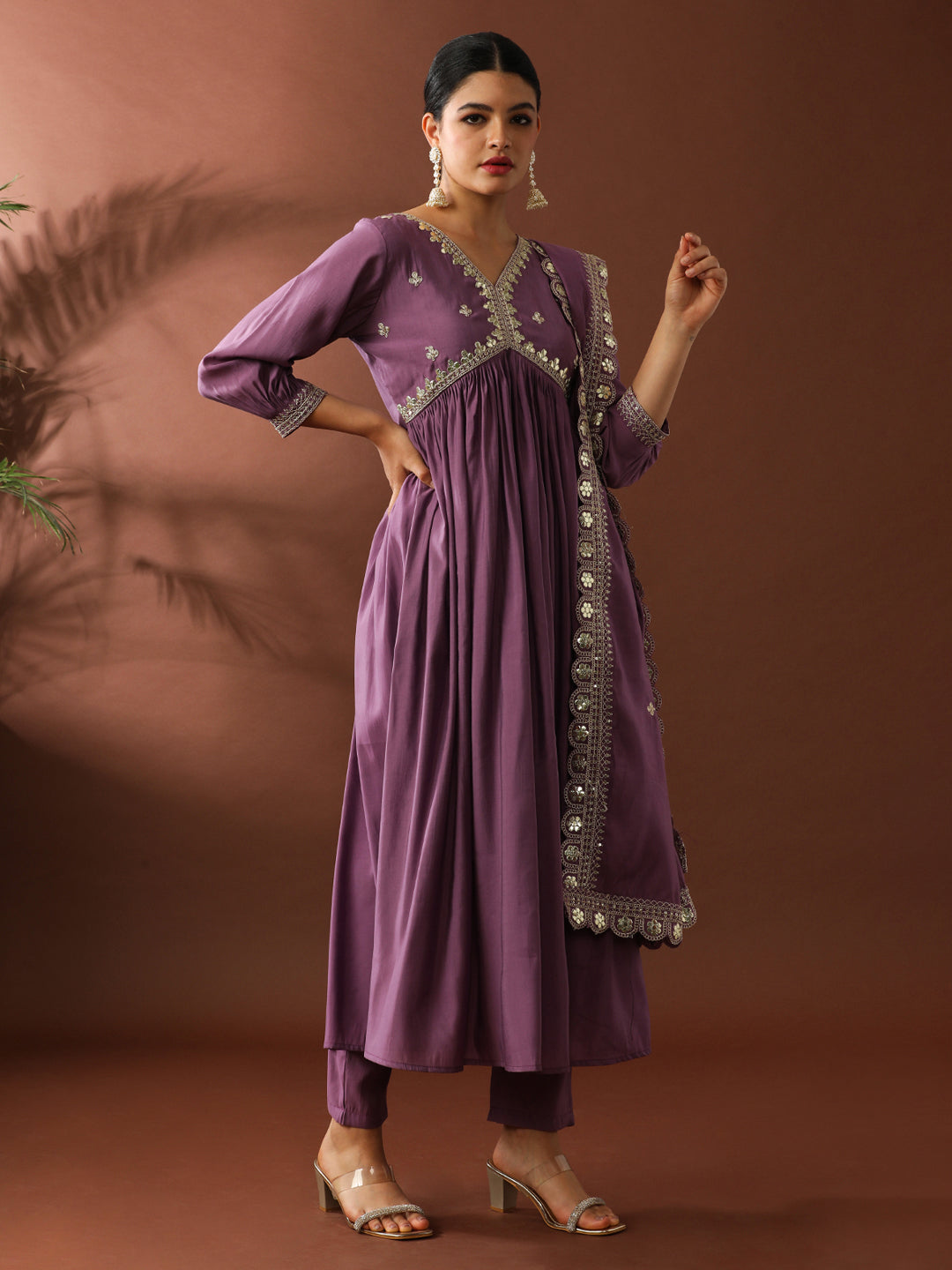 Floral Embroidered A-Line Polyester Kurta & Trousers Sets