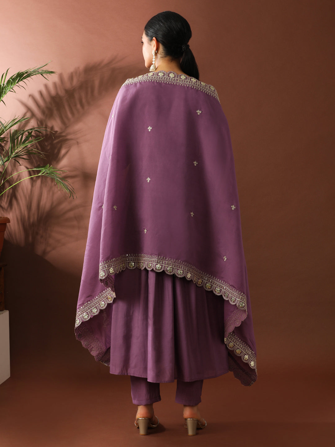 Floral Embroidered A-Line Polyester Kurta & Trousers Sets