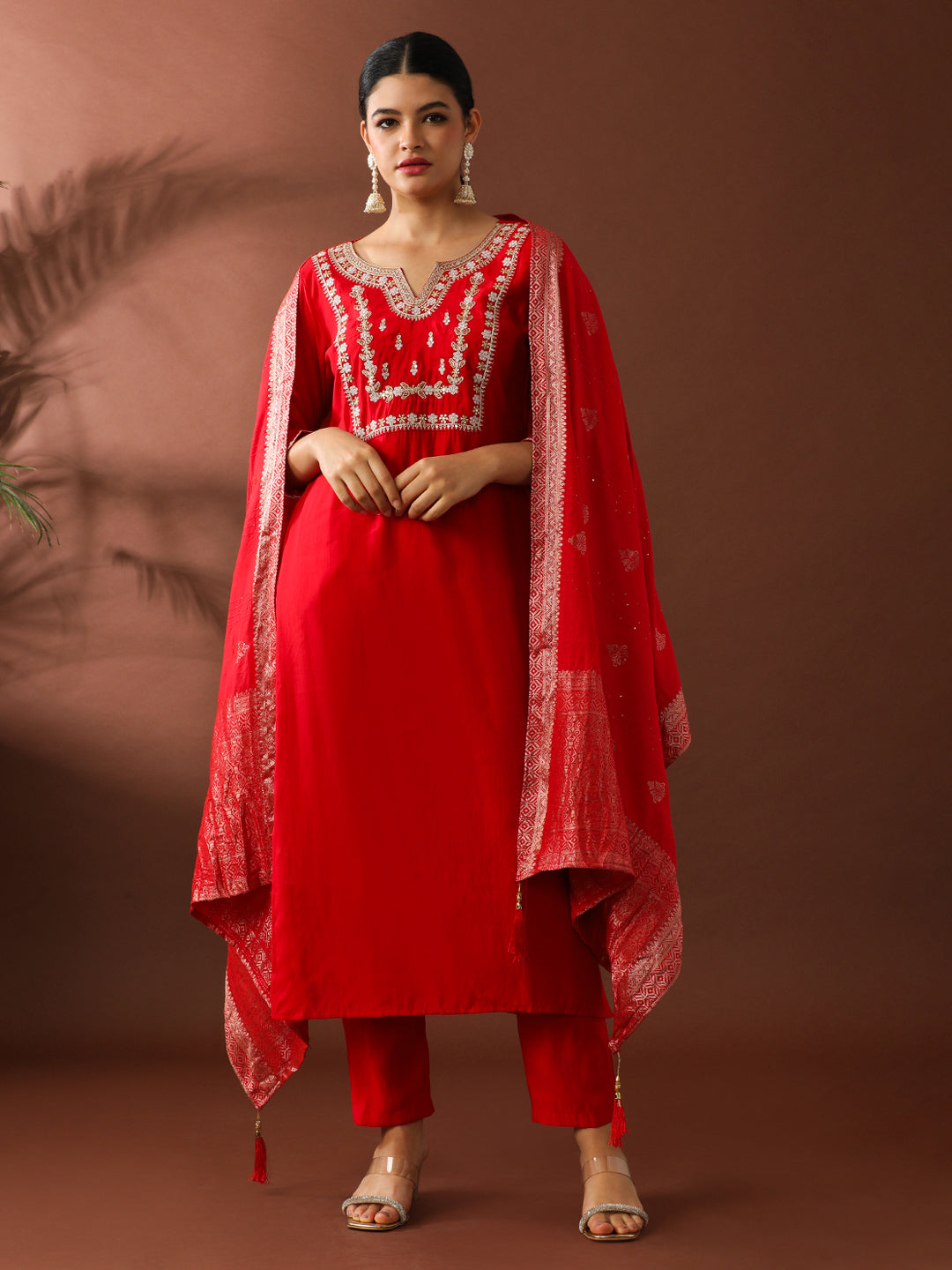 Floral Embroidered Straight Polyester Kurta & Trousers Sets