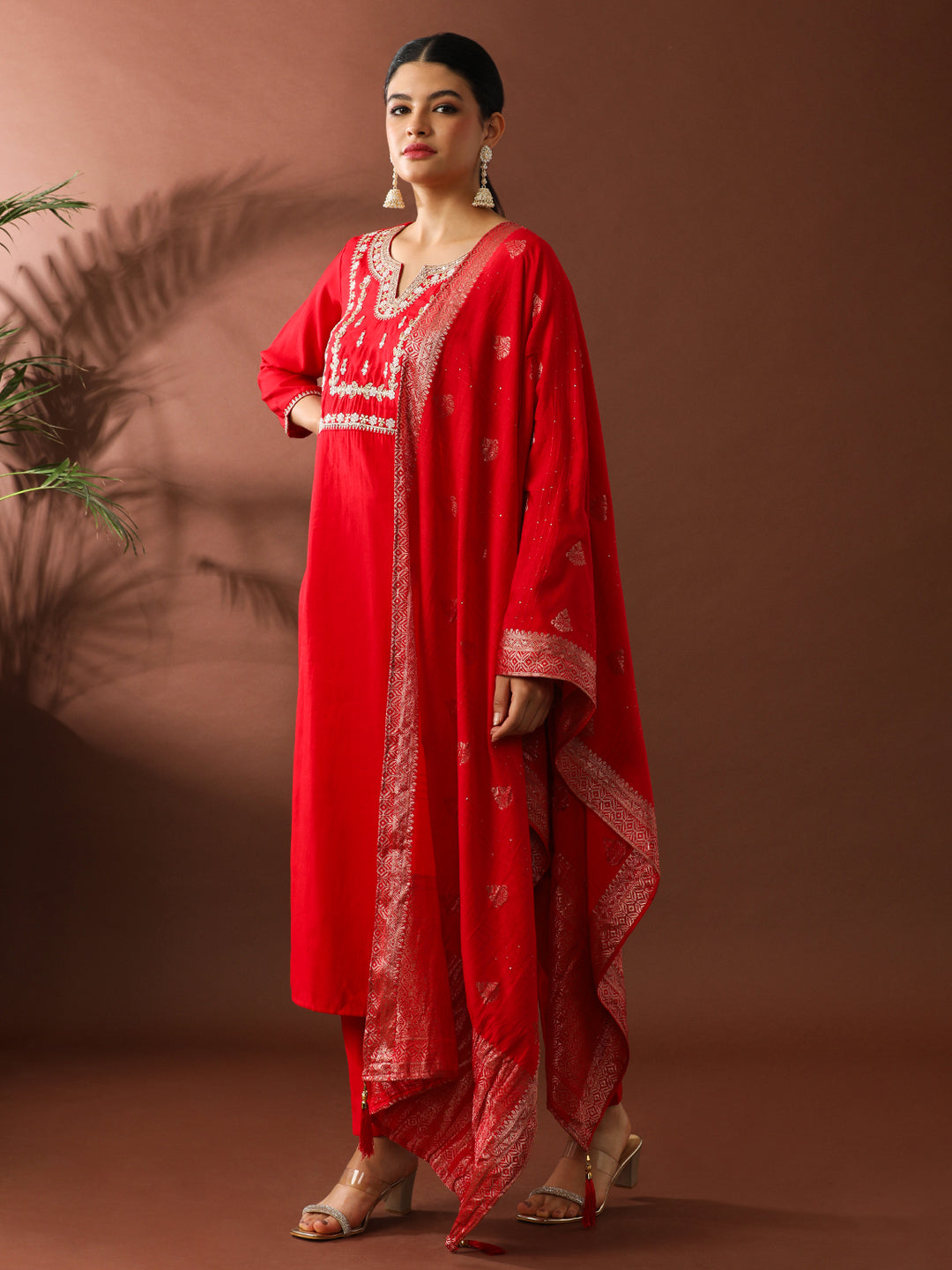 Floral Embroidered Straight Polyester Kurta & Trousers Sets