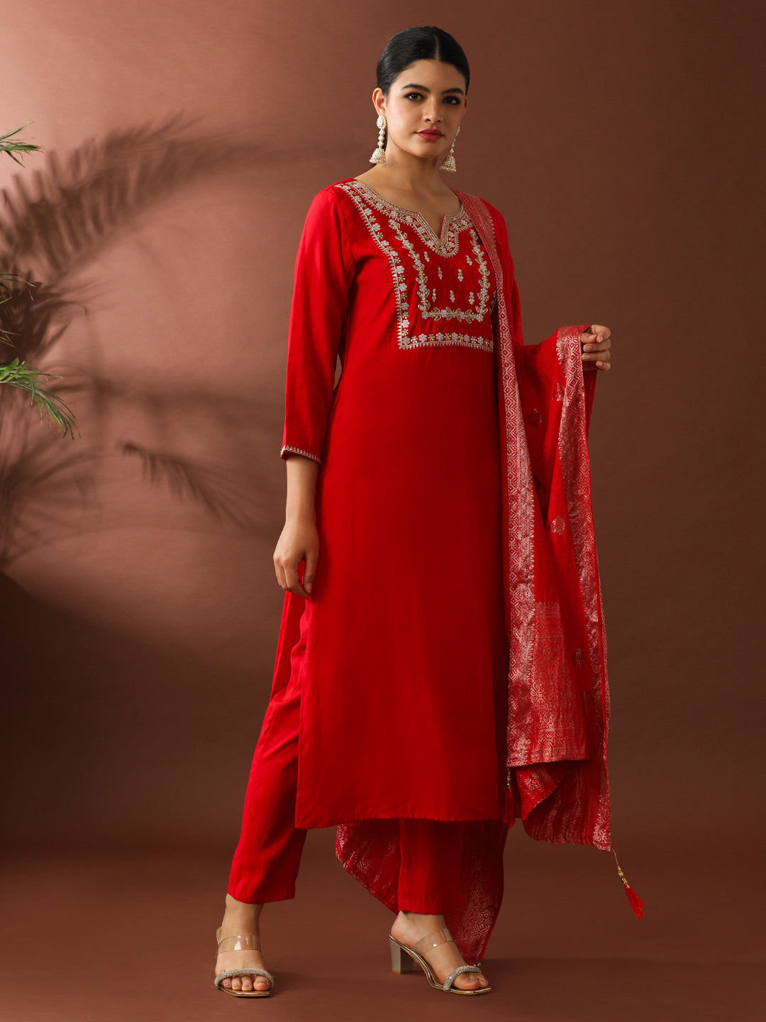 Floral Embroidered Straight Polyester Kurta & Trousers Sets