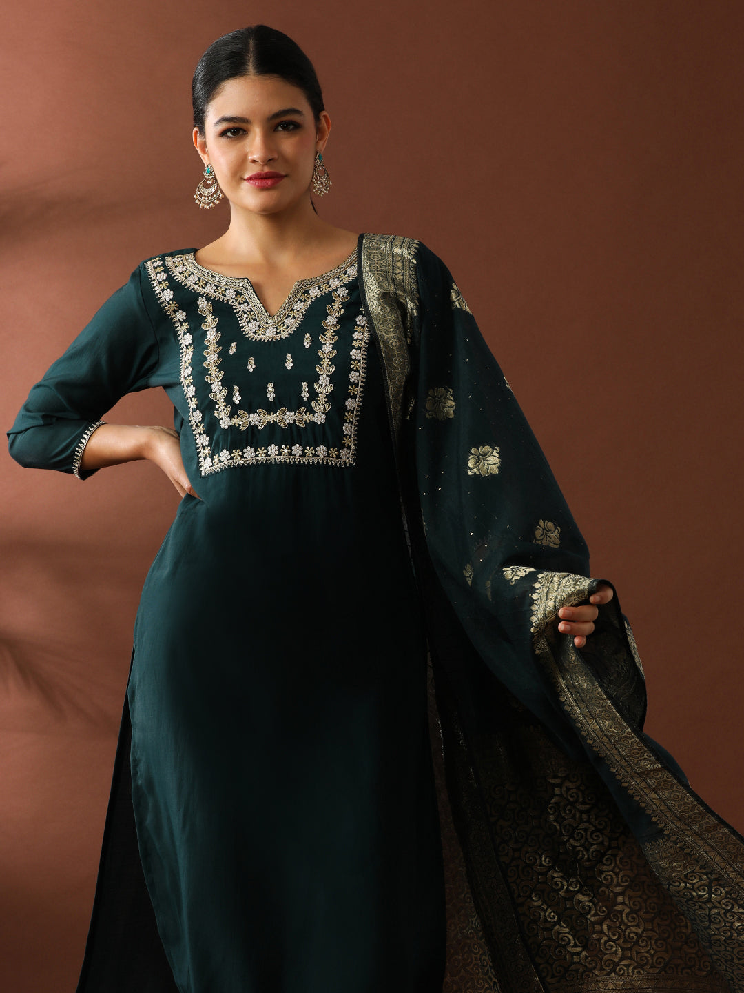 Floral Embroidered Straight Polyester Kurta & Trousers Sets