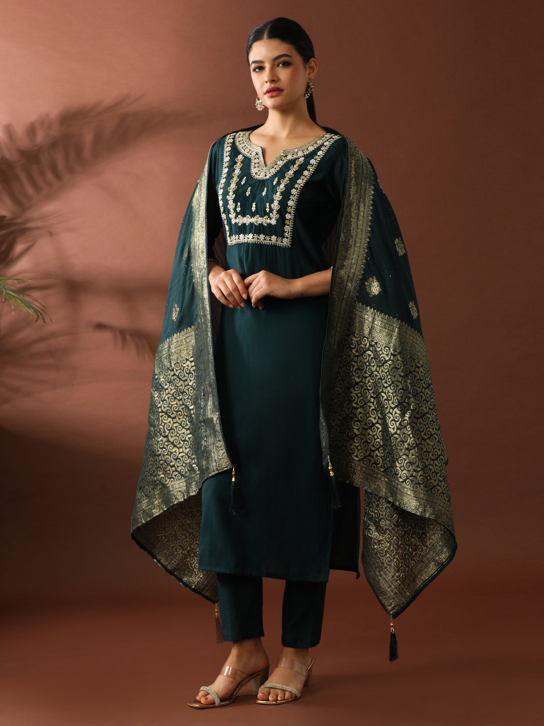 Floral Embroidered Straight Polyester Kurta & Trousers Sets