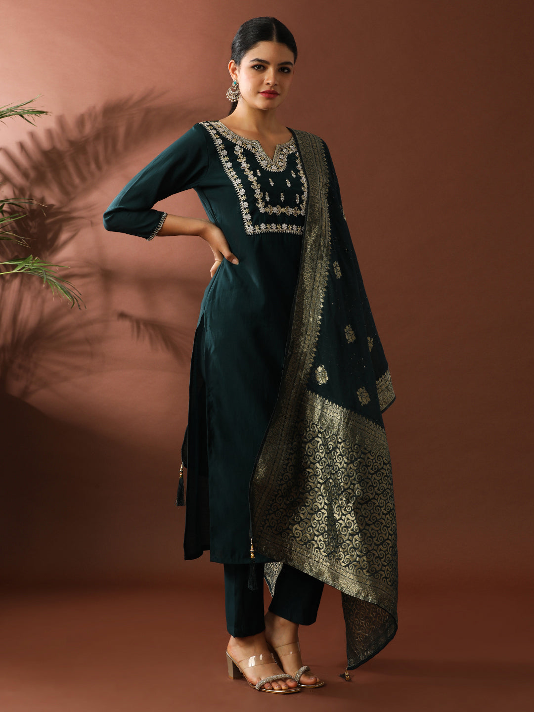 Floral Embroidered Straight Polyester Kurta & Trousers Sets