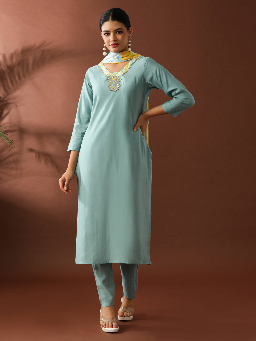 Floral Embroidered Straight Polyester Kurta & Trousers Sets