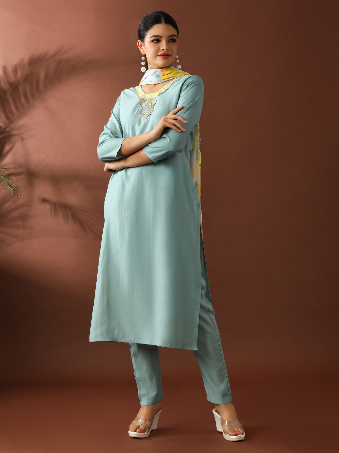 Floral Embroidered Straight Polyester Kurta & Trousers Sets