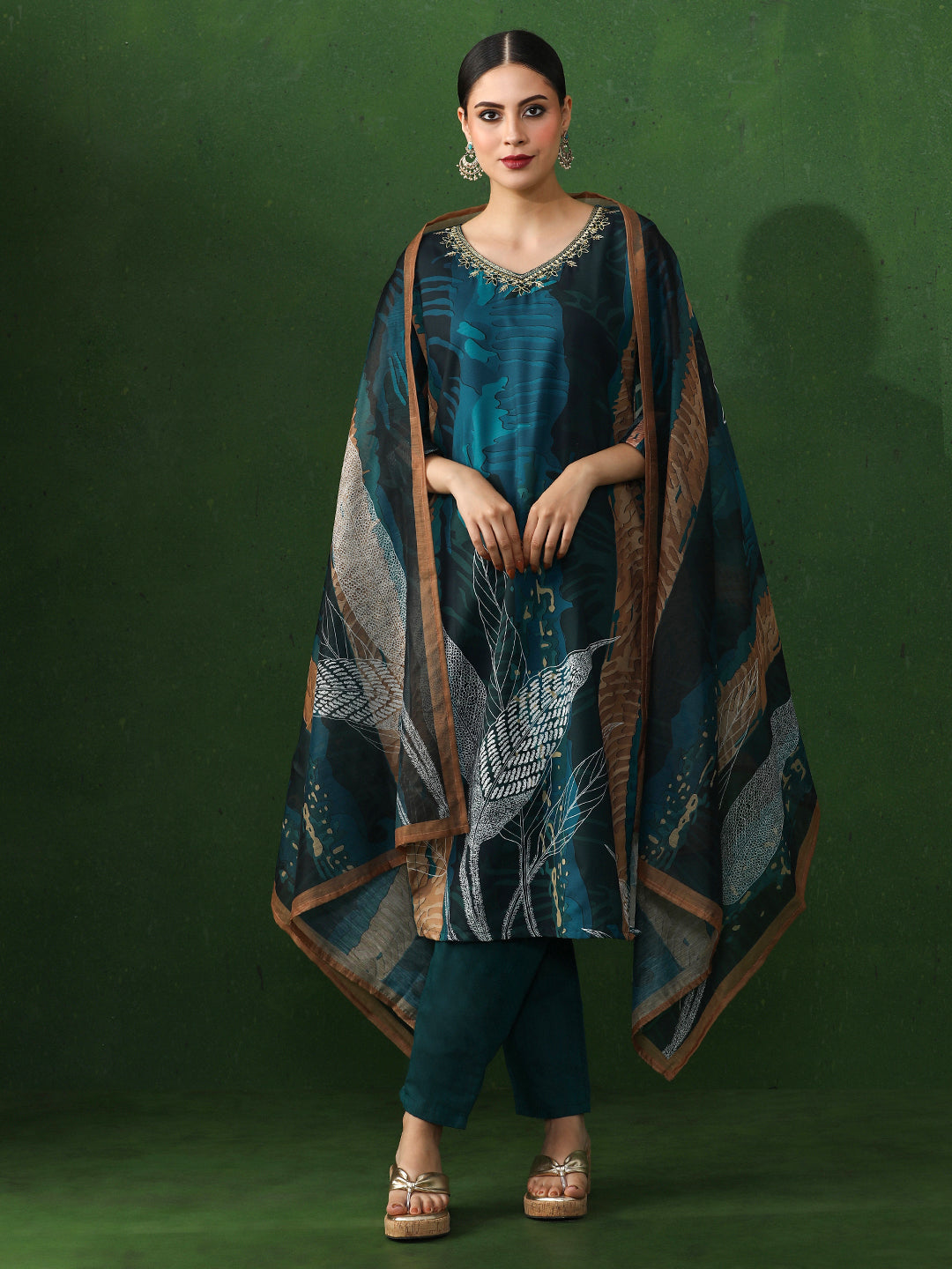 Floral Embroidered Straight Kurta & Trousers Sets