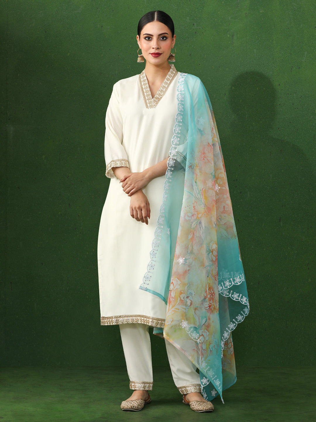 Solid Embroidered Straight Chanderi Silk Kurta & Trousers Sets