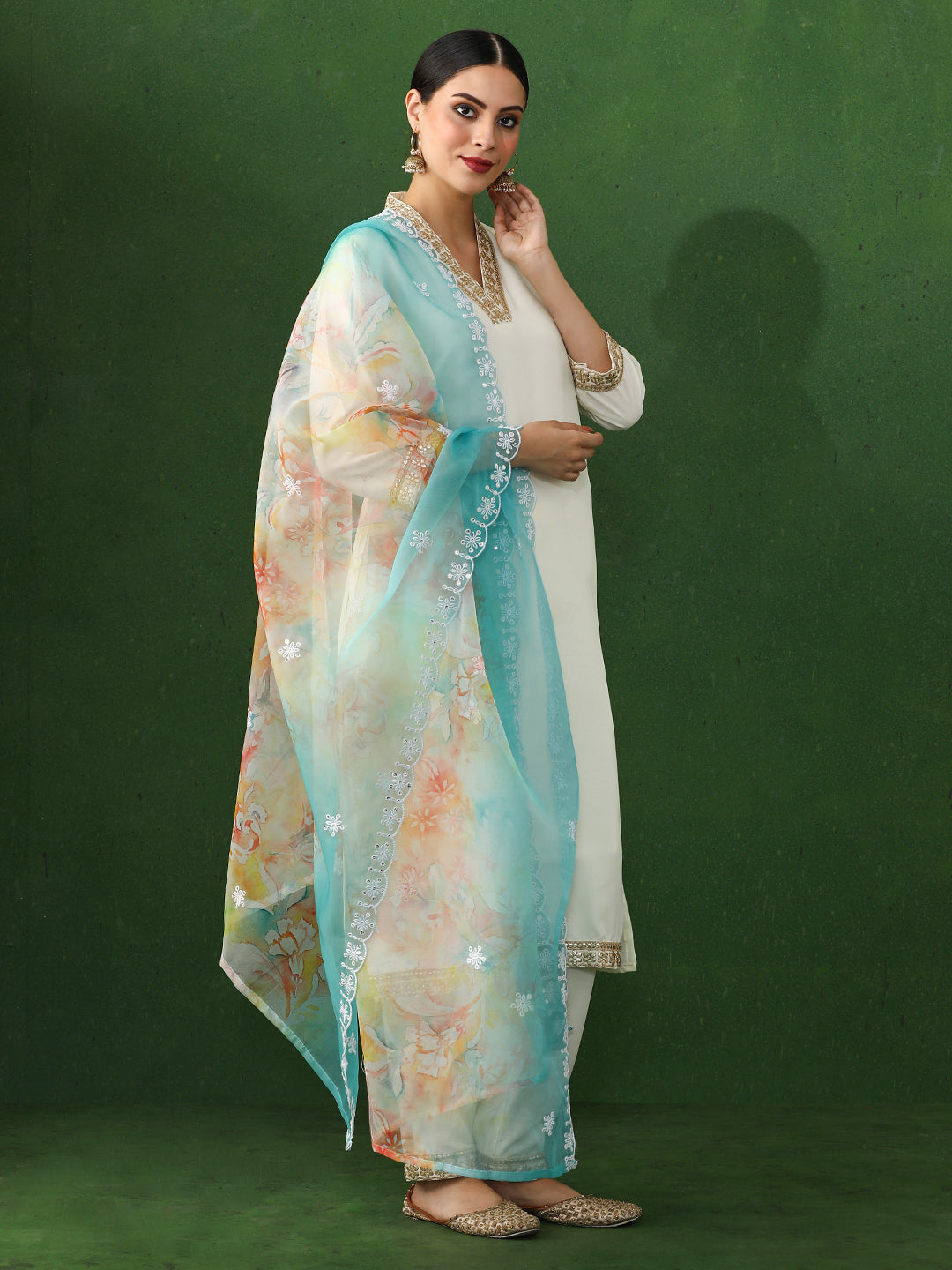 Solid Embroidered Straight Chanderi Silk Kurta & Trousers Sets