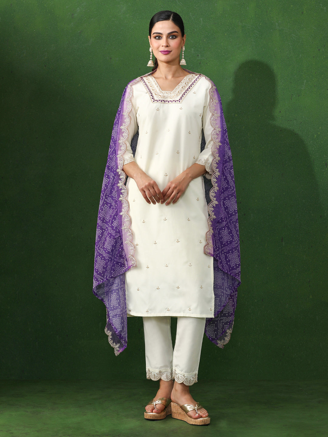 Floral Embroidered Straight Chanderi Silk Kurta & Trousers Sets