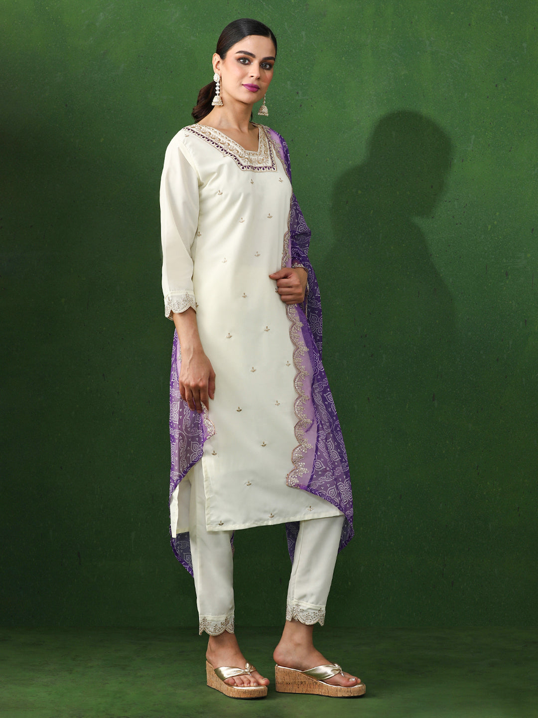 Floral Embroidered Straight Chanderi Silk Kurta & Trousers Sets