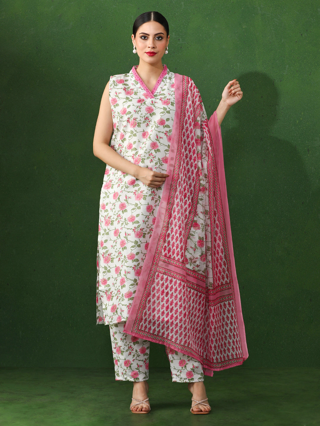 Floral Embroidered Straight Cotton Blend Kurta & Trousers Sets