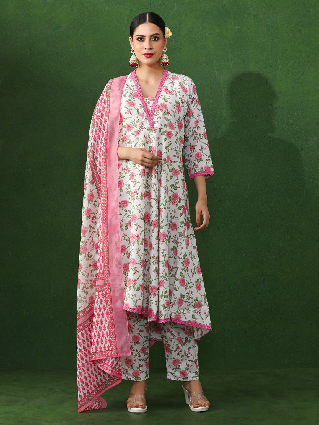 Floral Embroidered A-Line Cotton Blend Kurta & Trousers Sets