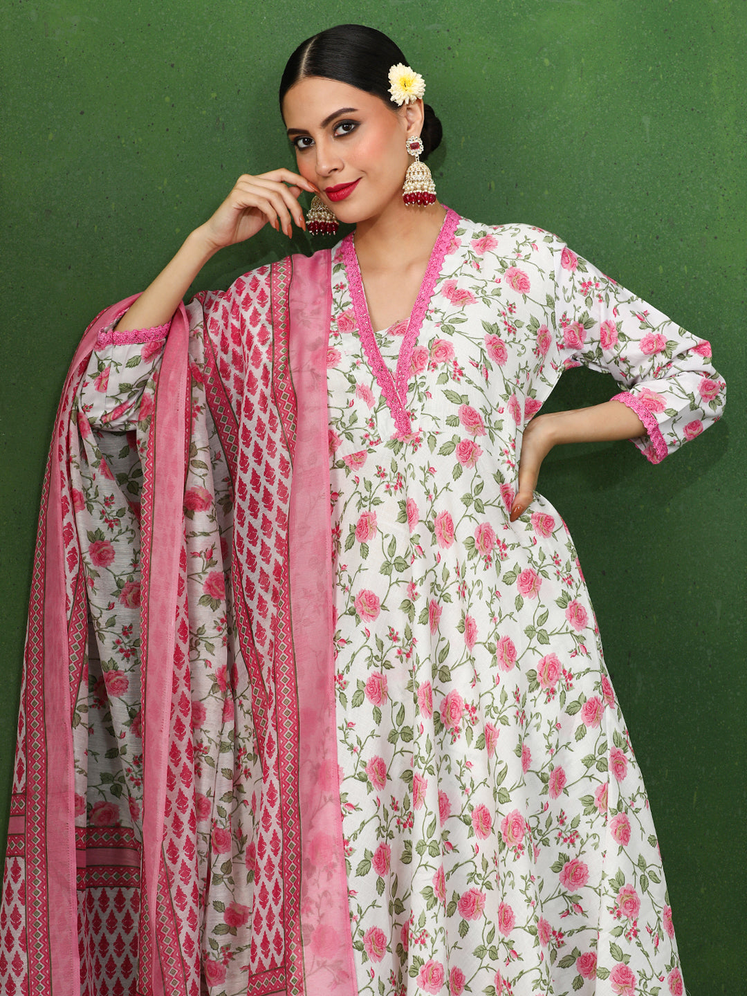 Floral Embroidered A-Line Cotton Blend Kurta & Trousers Sets