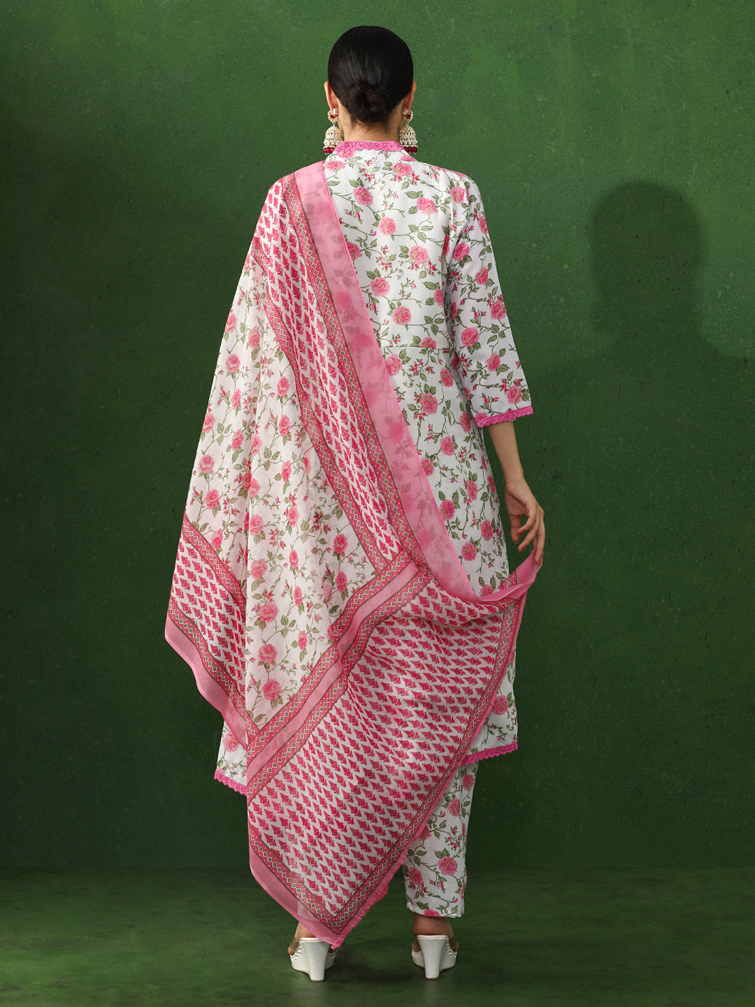Floral Embroidered A-Line Cotton Blend Kurta & Trousers Sets