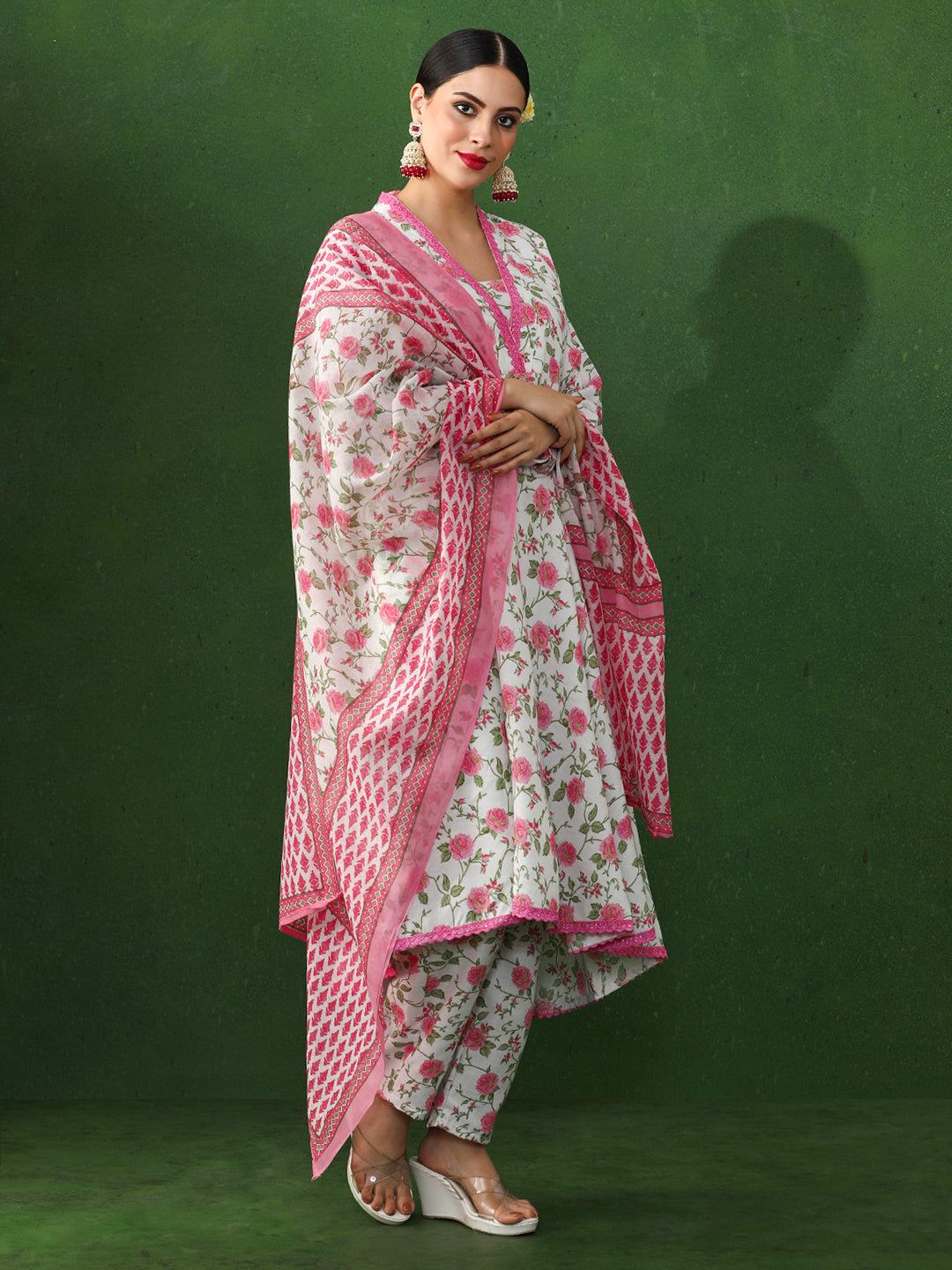 Floral Embroidered A-Line Cotton Blend Kurta & Trousers Sets