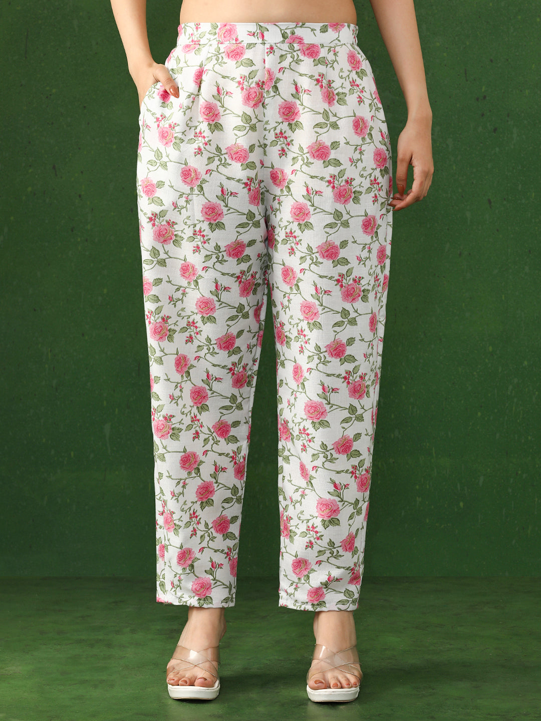 Floral Embroidered A-Line Cotton Blend Kurta & Trousers Sets