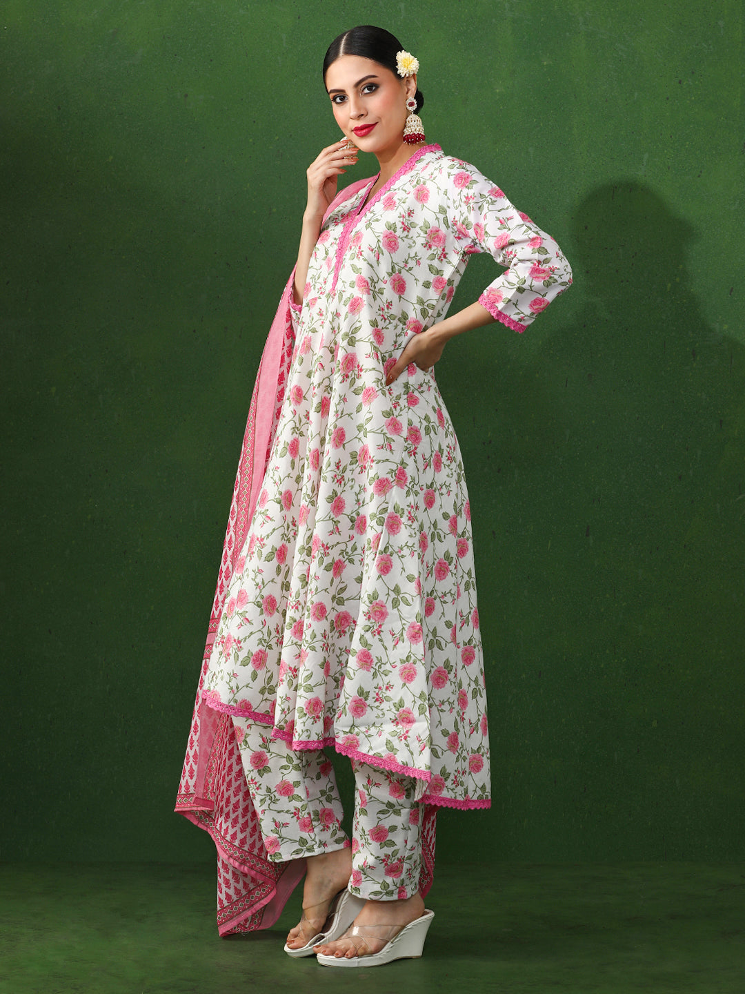 Floral Embroidered A-Line Cotton Blend Kurta & Trousers Sets