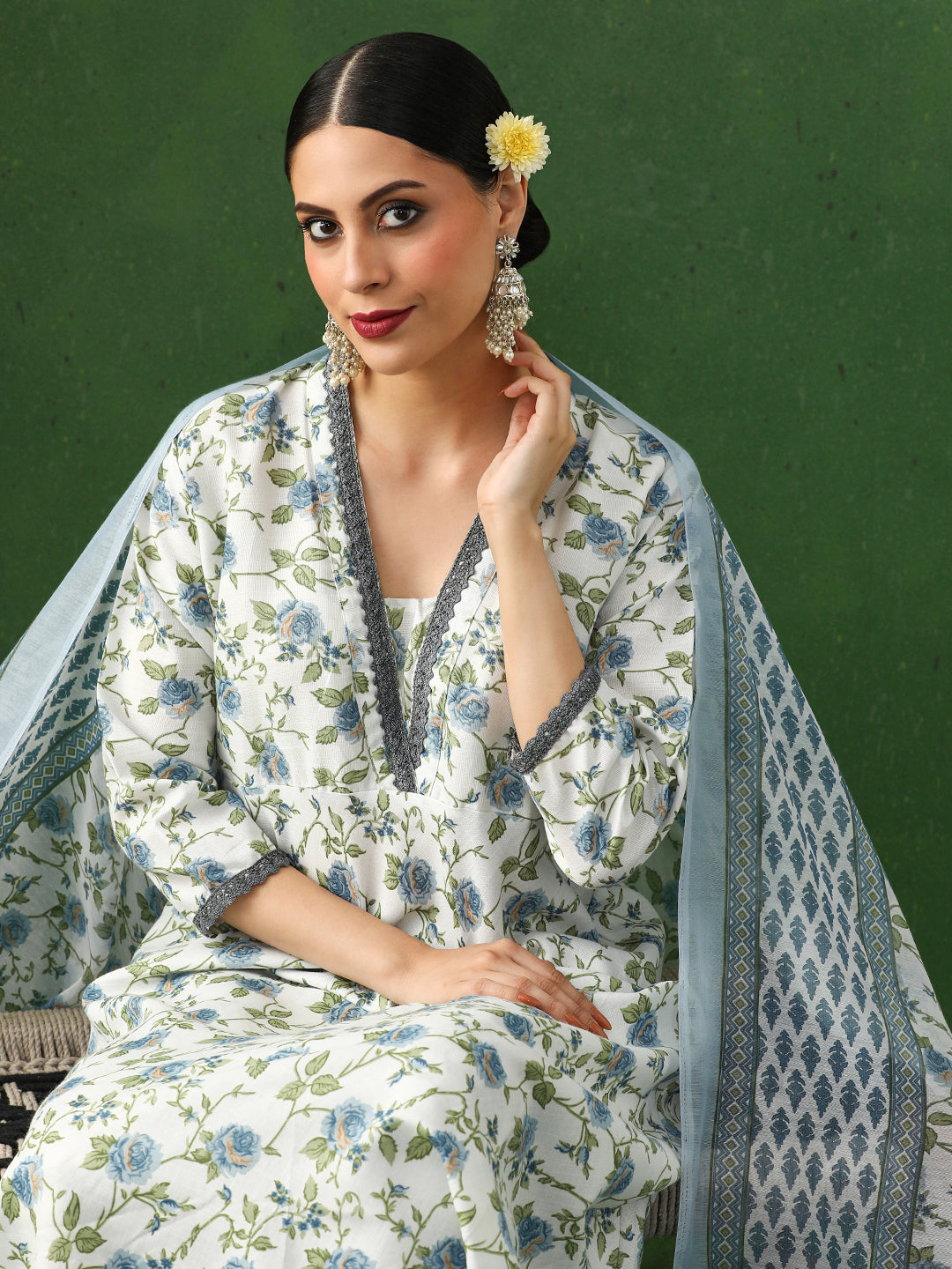 Floral Embroidered A-Line Cotton Blend Kurta & Trousers Sets