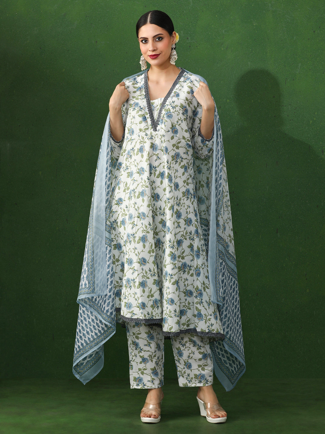 Floral Embroidered A-Line Cotton Blend Kurta & Trousers Sets