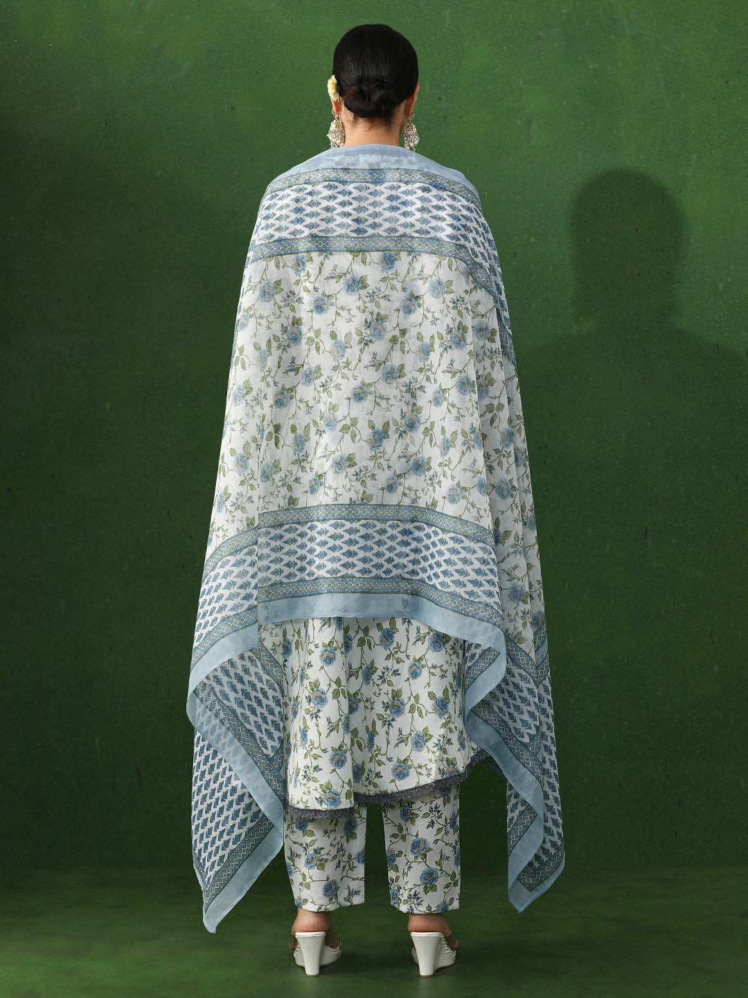 Floral Embroidered A-Line Cotton Blend Kurta & Trousers Sets