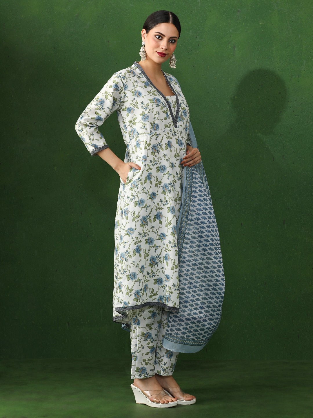 Floral Embroidered A-Line Cotton Blend Kurta & Trousers Sets