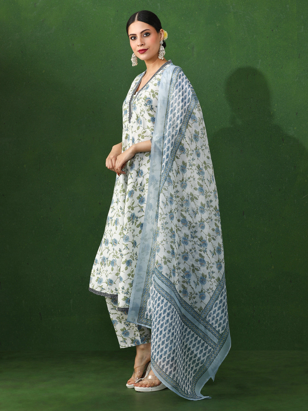 Floral Embroidered A-Line Cotton Blend Kurta & Trousers Sets