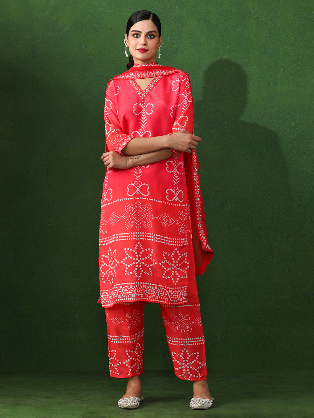 Bandhani Embroidered A-Line Chinon Kurta & Trousers Sets