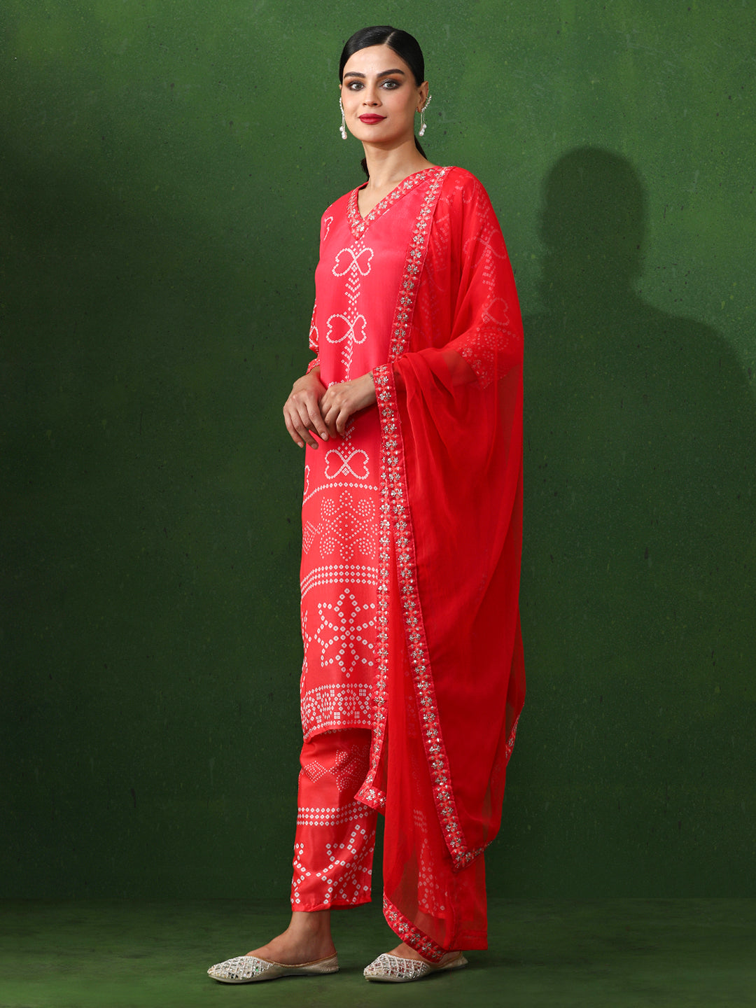 Bandhani Embroidered A-Line Chinon Kurta & Trousers Sets