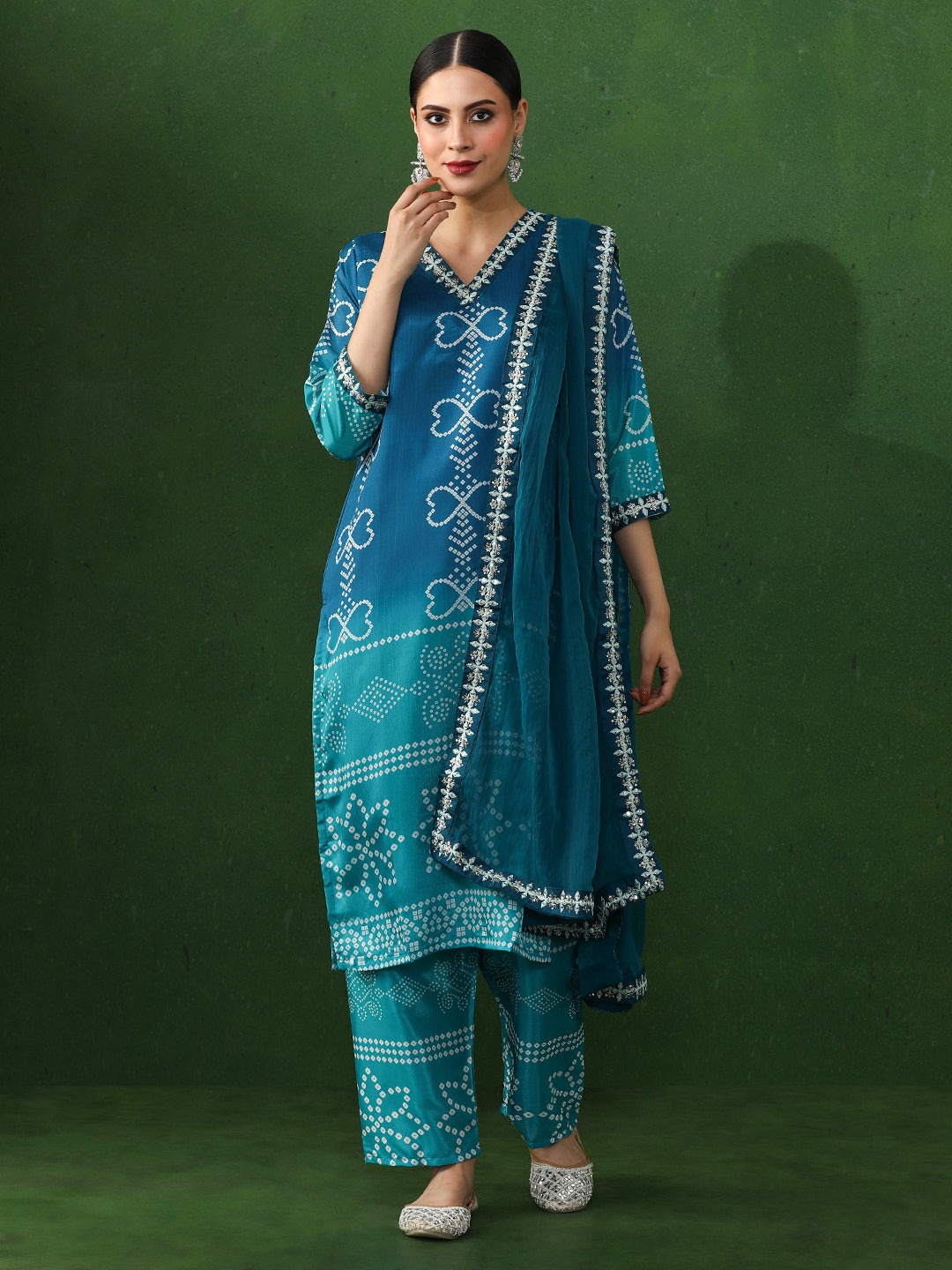 Bandhani Embroidered A-Line Chinon Kurta & Trousers Sets
