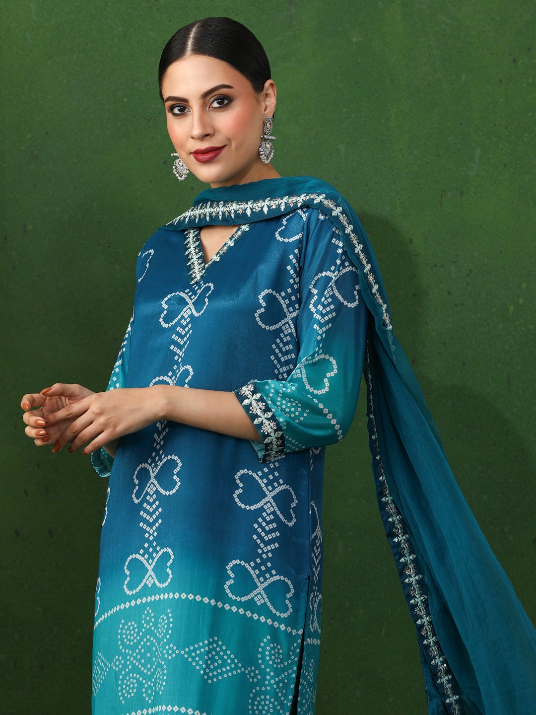 Bandhani Embroidered A-Line Chinon Kurta & Trousers Sets